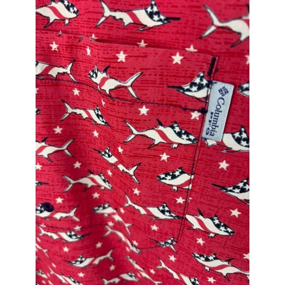 Vintage Columbia PFG Men’s Red Fishing Shirt Tuna USA Flag Short Sleeve Size M - Picture 6 of 9